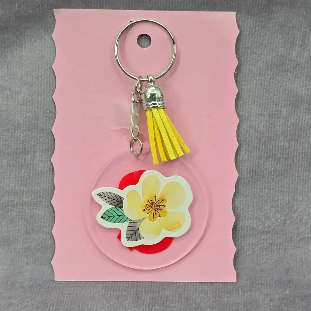 Letter Keychain‎ Clear Silver Circle Handmade Acrylic Tassel Flower Q Yellow